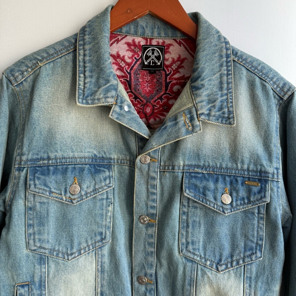 Civil Regime Distressed Denim Belted Trucker Jacket Blue Small - Picture 3 of 16